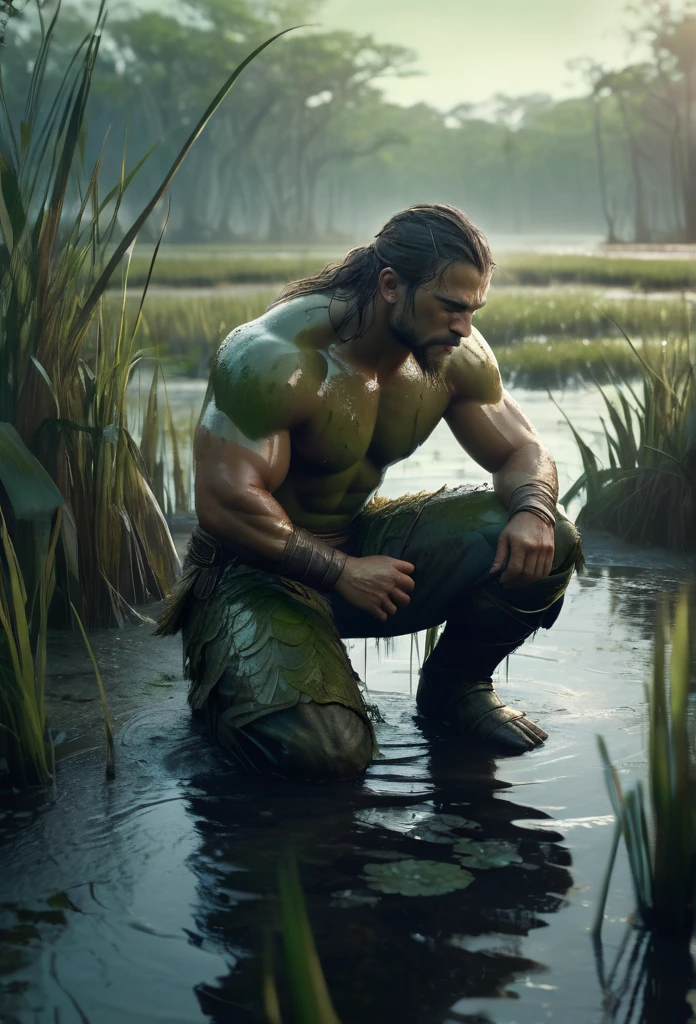 a powerful warrior kneeling in a swampy marsh, eyes closed, listening intently to the environment, detailed face and muscular body, cinematic lighting, muted color palette, dramatic atmosphere, photorealistic, highly detailed, 8k, masterpiece
