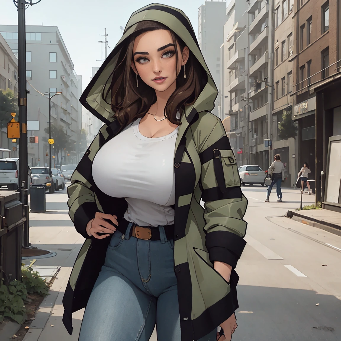 Extremely busty thin and toned brunette photographer, college girl, fair skin, loose side sweep, soft face, athletic, bandana babushka headwrap, tight olive green casual windbreaker, skinny jeans. standing in front of her apartment building, outdoors, city, camera bag, cleavage