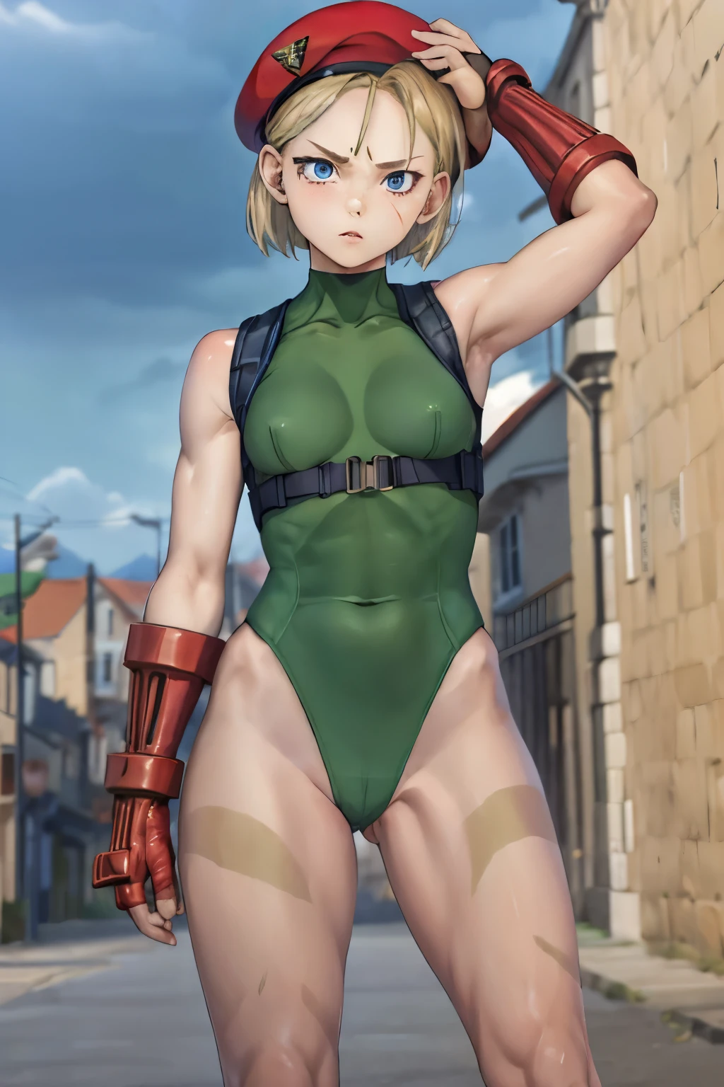 masterpiece , best quality, highres , sarah Miller ,1girl, blonde hair ,Angry face , beret, (Cammy white ) , ( Head Outfit:1.3), blue eyes, scar on cheek, green leotard , flat chest , sleeveless, gloves, ultra detailed , Standing,