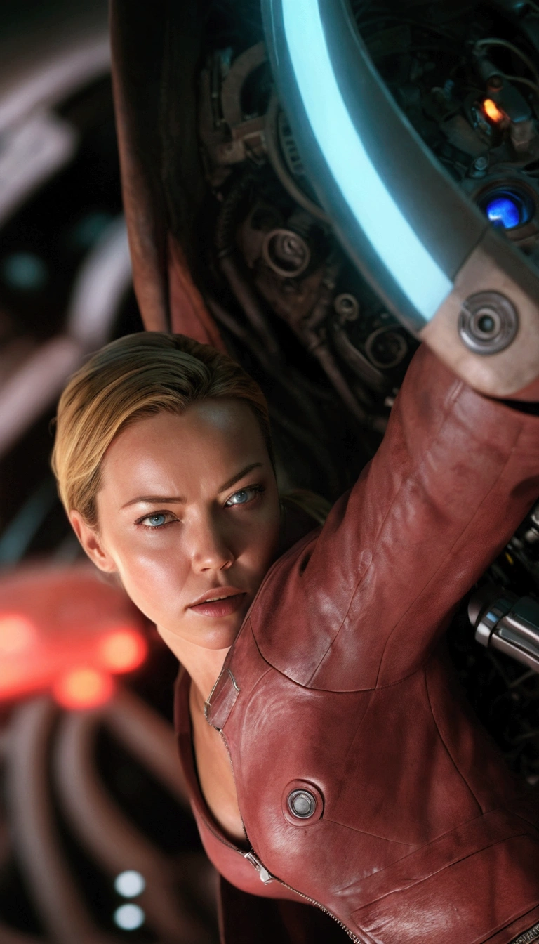 Kristanna Loken, terminator tx, detailed face, Beautiful detailed eyes, beautiful detailed lips, extremely detailed facial features, long eyelashes, leather jacket, futuristic cyberpunk scene, intricate mechanical details, Science fiction, photorealist, (Best Quality,4k,8k,high resolution,Masterpiece:1.2),ultra detailed,(realist,photorealist,photo-realist:1.37),cinematic lighting, dramatic shadows, vivid colors, moody atmosphere