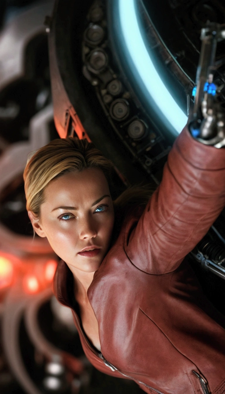 Kristanna Loken, terminator tx, detailed face, Beautiful detailed eyes, beautiful detailed lips, extremely detailed facial features, long eyelashes, leather jacket, futuristic cyberpunk scene, intricate mechanical details, Science fiction, photorealist, (Best Quality,4k,8k,high resolution,Masterpiece:1.2),ultra detailed,(realist,photorealist,photo-realist:1.37),cinematic lighting, dramatic shadows, vivid colors, moody atmosphere