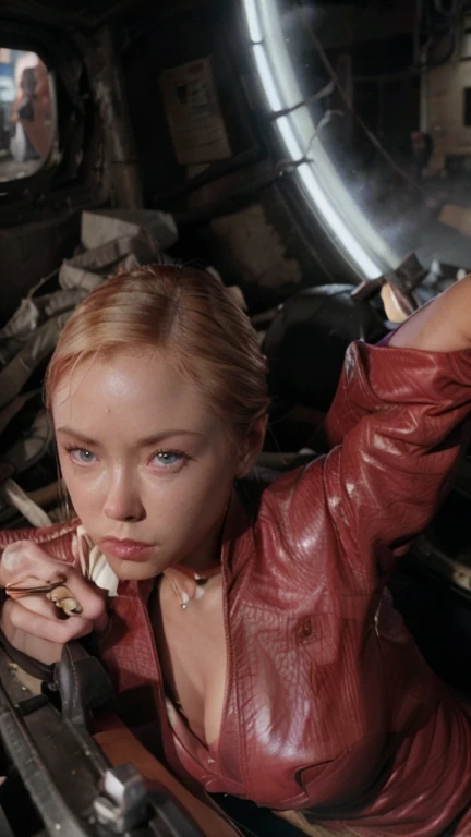 Kristanna Loken, terminator tx, detailed face, Beautiful detailed eyes, beautiful detailed lips, extremely detailed facial features, long eyelashes, leather jacket, futuristic cyberpunk scene, intricate mechanical details, Science fiction, photorealist, (Best Quality,4k,8k,high resolution,Masterpiece:1.2),ultra detailed,(realist,photorealist,photo-realist:1.37),cinematic lighting, dramatic shadows, vivid colors, moody atmosphere