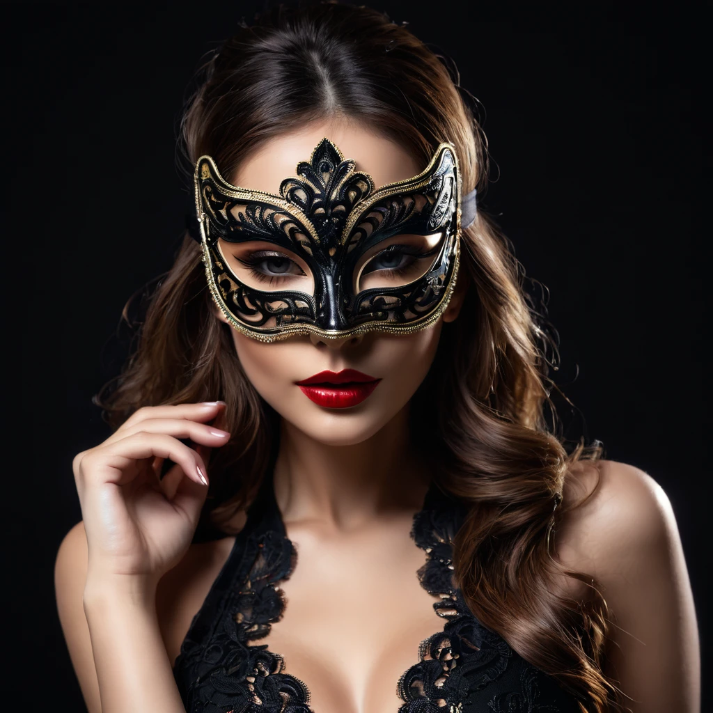 woman with a sensual mask, fashion sexy, black background, 8K