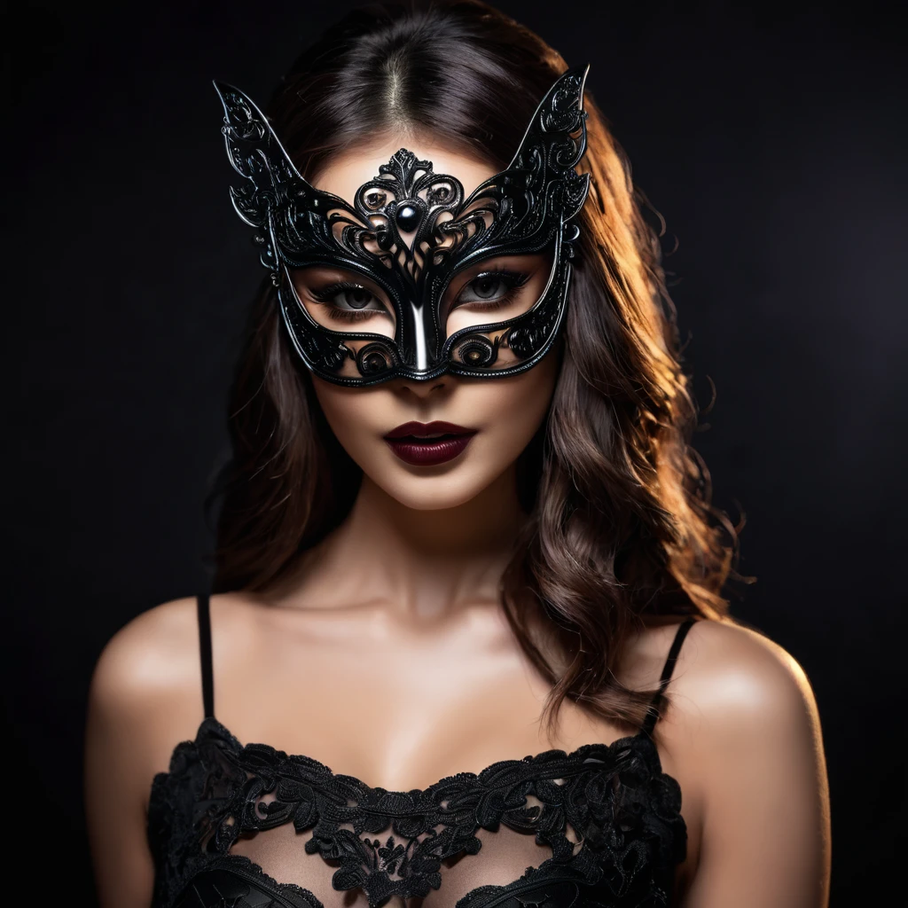 woman with a sensual mask, fashion sexy, black background, 8K