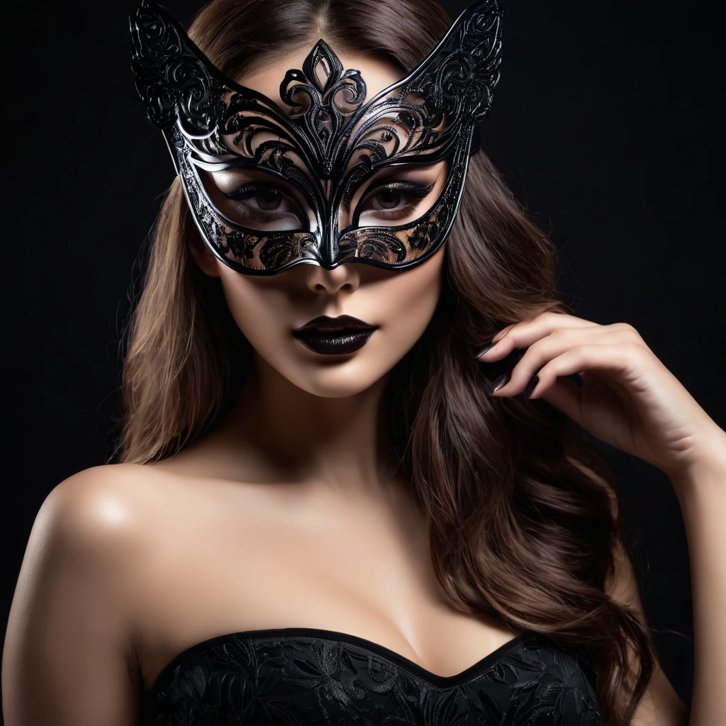 woman with a sensual mask, fashion sexy, black background, 8K