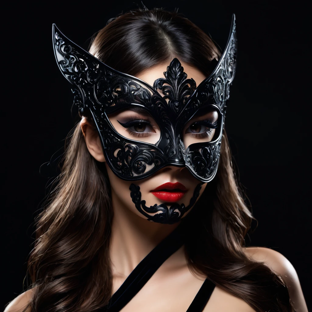 woman with a sensual mask, fashion sexy, black background, 8K