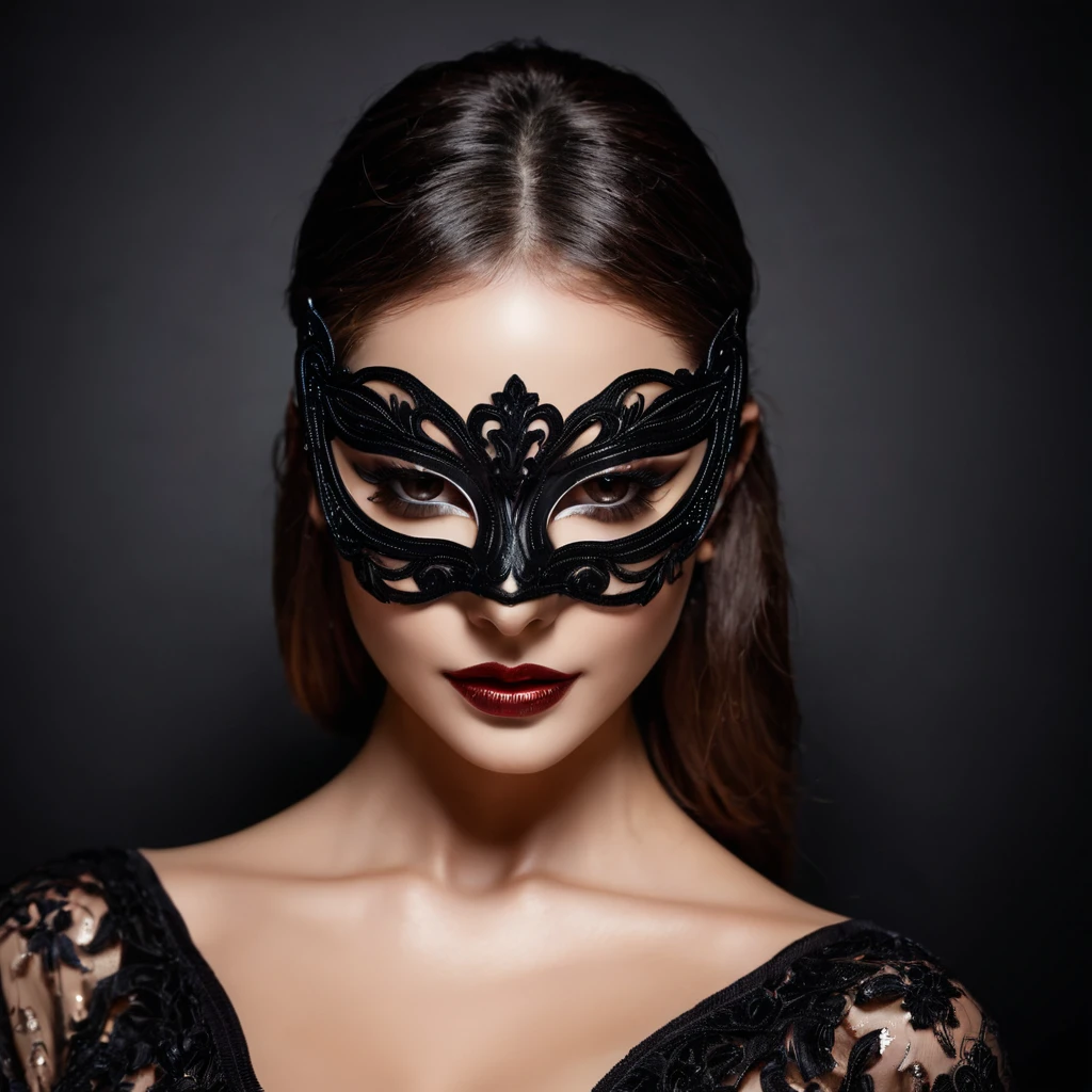 woman with a sensual mask, fashion sexy, black background, 8K