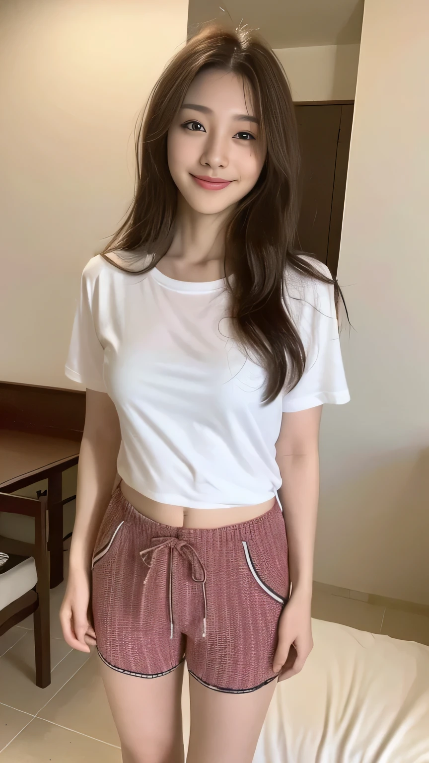 Pieces fly, Highest quality, figure, Very detailed, Fine details, High resolution, 8K,wallpaper, Perfect dynamic composition,(Detailed high quality, Realistic depiction of eyes:1.3,cute,Kind eyes,Childish), (Perfect plain T-shirt:1.2, Tight mini skirt),Large Breasts:0.8, Sexy pose, (((10-year-old girl)))、(cuteタイプ、Lolita)、Beautiful feet, Hotel Rooms, Gravure idol pose, (Woman standing on top, Straddle, sit)