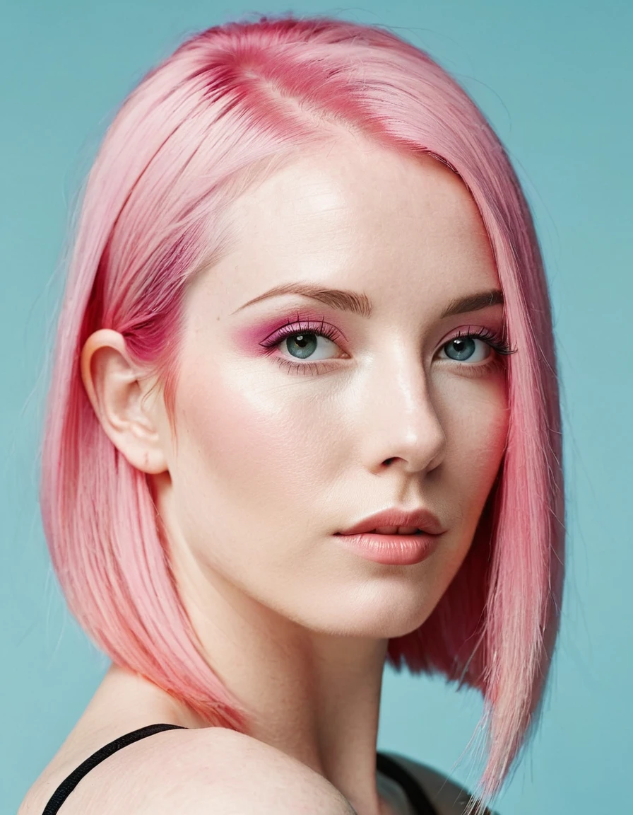 Woman with straight pink hair and white skin 