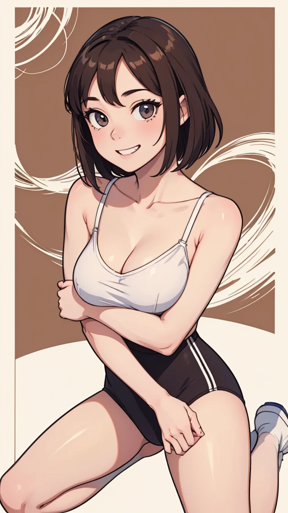 (((masterpiece, best quality, ultra highres, 1 girl, solo, no background))), super detailed skin and face and eyes and finger, beautiful japanese woman, small breasts:1.5, skinny, light brown hair, white background, very short pixie hair, Knee shot, Generate with illustrations, Various expressions, Various poses, Please draw the entire character within the frame, ensuring that the head, arms, and legs are not cut off. The background should be simple, with the character positioned centrally, outline, anime, 2d, boyish, smile showing teeth, underwear, spread legs,