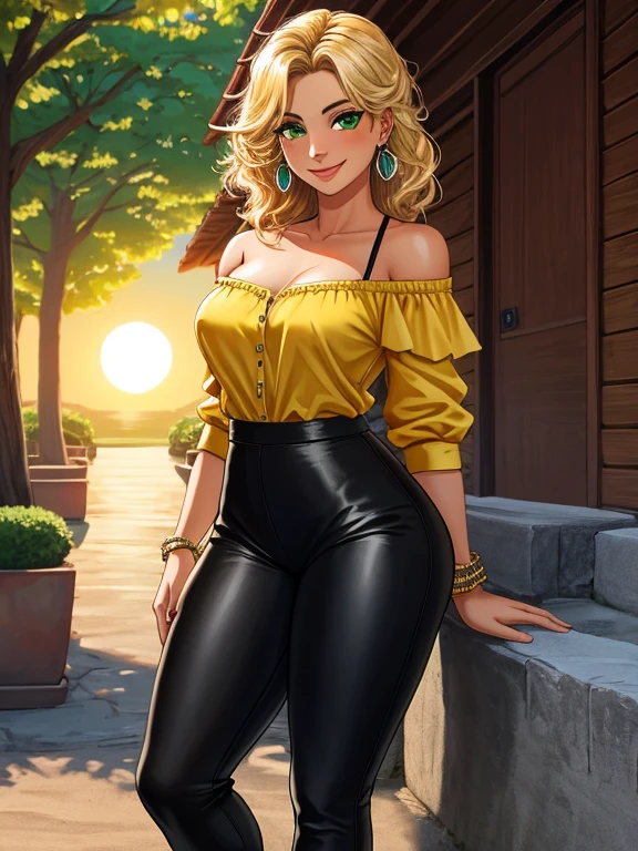 (best quality:1.3), (4K quality),masterpiece, best quality, high res, detailed, (Detailed face:1.2), (Detailed eyes:1.2), (Perfect figure:1.2), sexy 36 year old woman wearing an yellow off-shoulder shirt and shiny black leggings. Emerald earrings, silver bracelets, White Stilleto heels. Tan-olive skin, sun-soaked skin. Medium breasts. thin waist, blond hair, large piercing green eyes. large ass, hyper-detailed, photorealistic, smiling at the viewer.