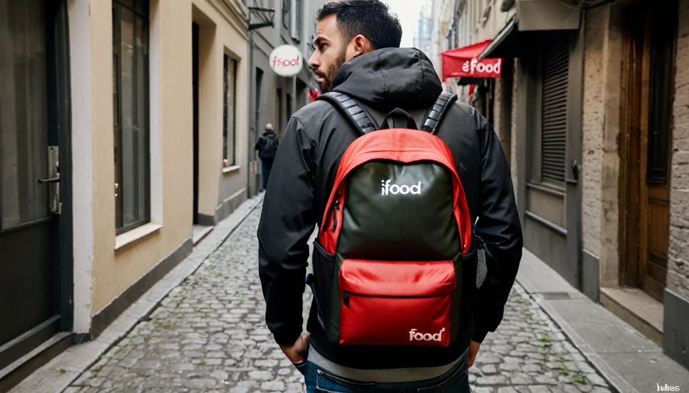 Ifood delivery man, dark street, right corner of the camera, large backpack on his back, suspenseful atmosphere