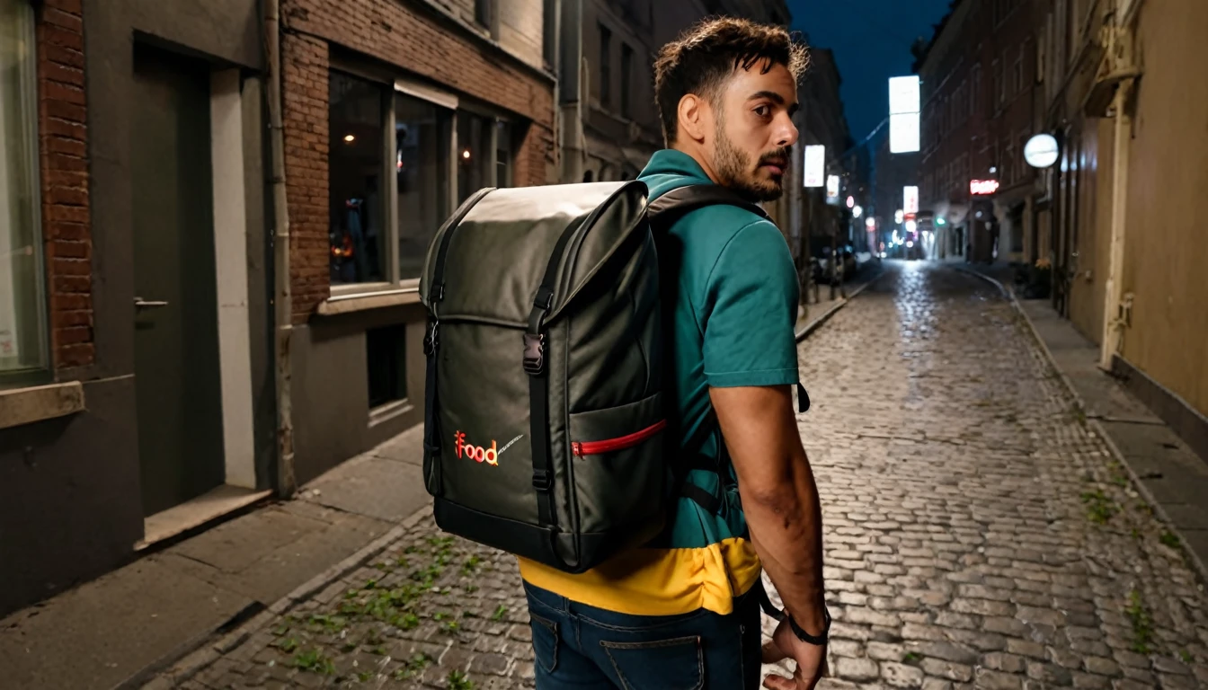 Ifood delivery man, dark street, right corner of the camera, large backpack on his back, suspenseful atmosphere