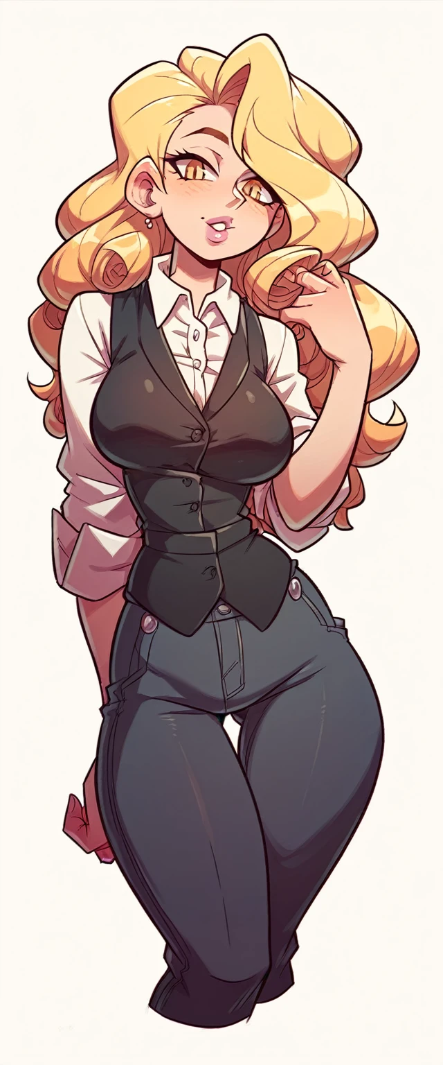 A tall girl, sexy, beautiful, big breast, attractive, sensual, long curly blonde hair, her yellow eye, pink lip, she wears a red office shirt under a black vest and a black metallic pants, big thigh, black heel.