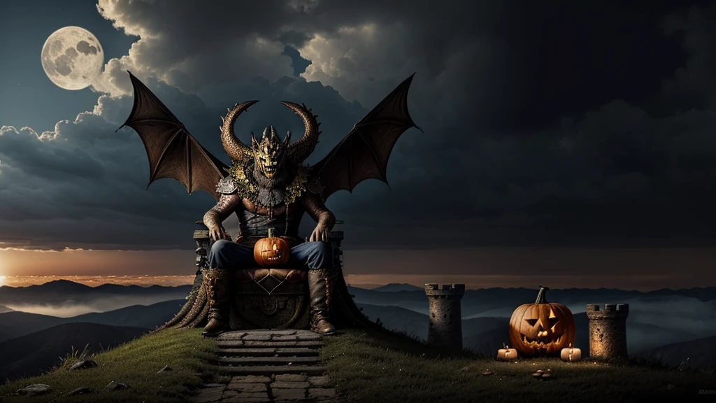 
A Monster with a pumpkin head sitting on a throne, this monster is bored, he is on top of a cloudy castle, there is a fire dragon surrounding the castle, the dragon is his best friend