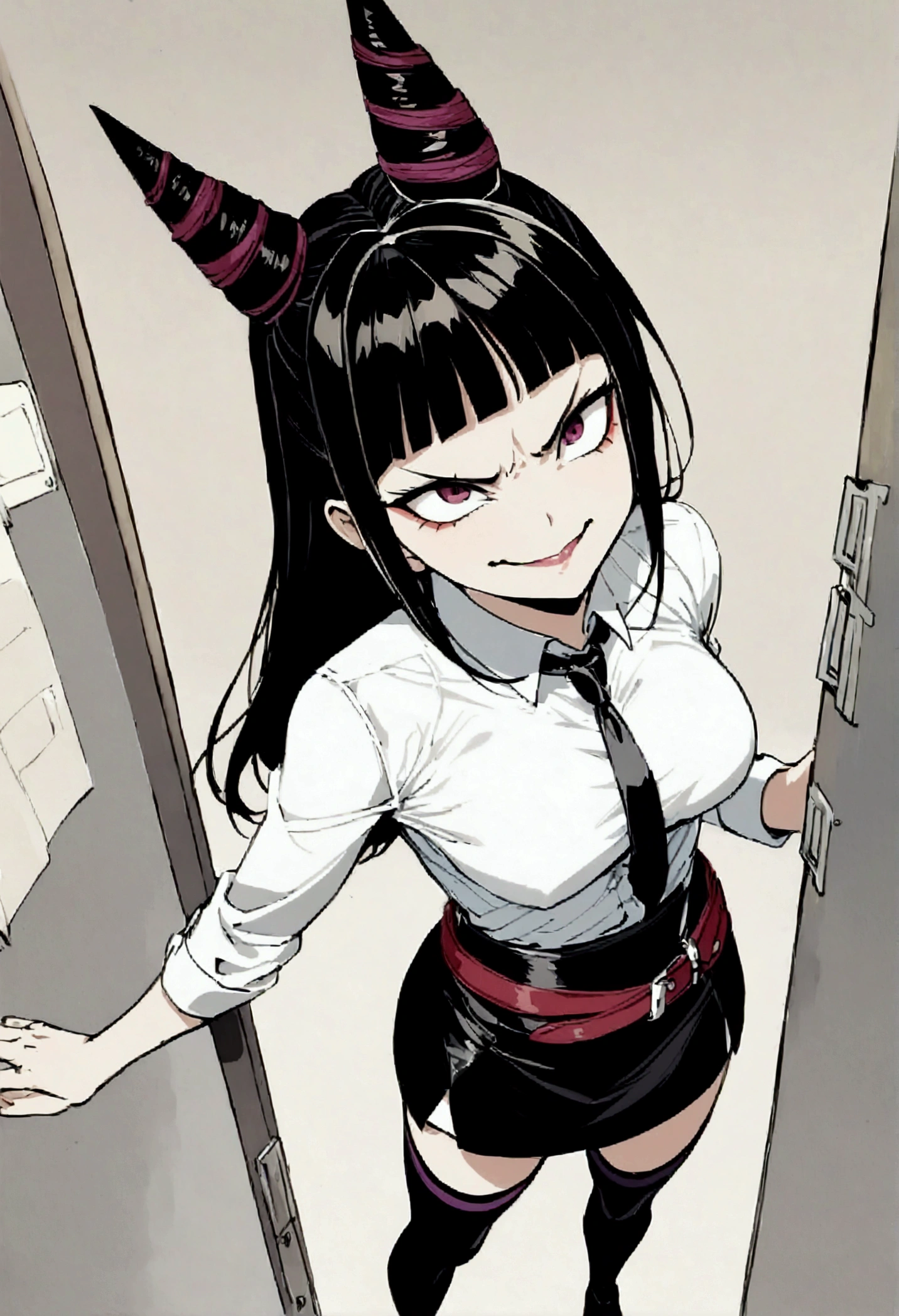 Juri Han, artwork, tight white secretary shirt with black tie, black high waist skirt, Short skirt,media, black fur, black stockings,office,bangs in the eyes,Turning on,hair horn,View from above,Looking up,bravo,angry
,evil smile
