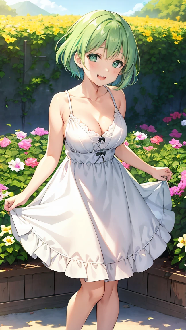 Girl with short green hair, Small size breasts, Small breasts、Green Eyes, White Casual Wear Beauty Special、(((tits))),Full body photo from head to toe、White dress、Colorful flower fields、Fluttering petals、A big smile when looking at the flowers、Uplifting