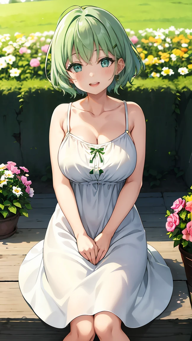 Girl with short green hair, Small size breasts, Small breasts、Green Eyes, White Casual Wear Beauty Special、(((tits))),Full body photo from head to toe、White dress、Colorful flower fields、Fluttering petals、A big smile when looking at the flowers、Uplifting