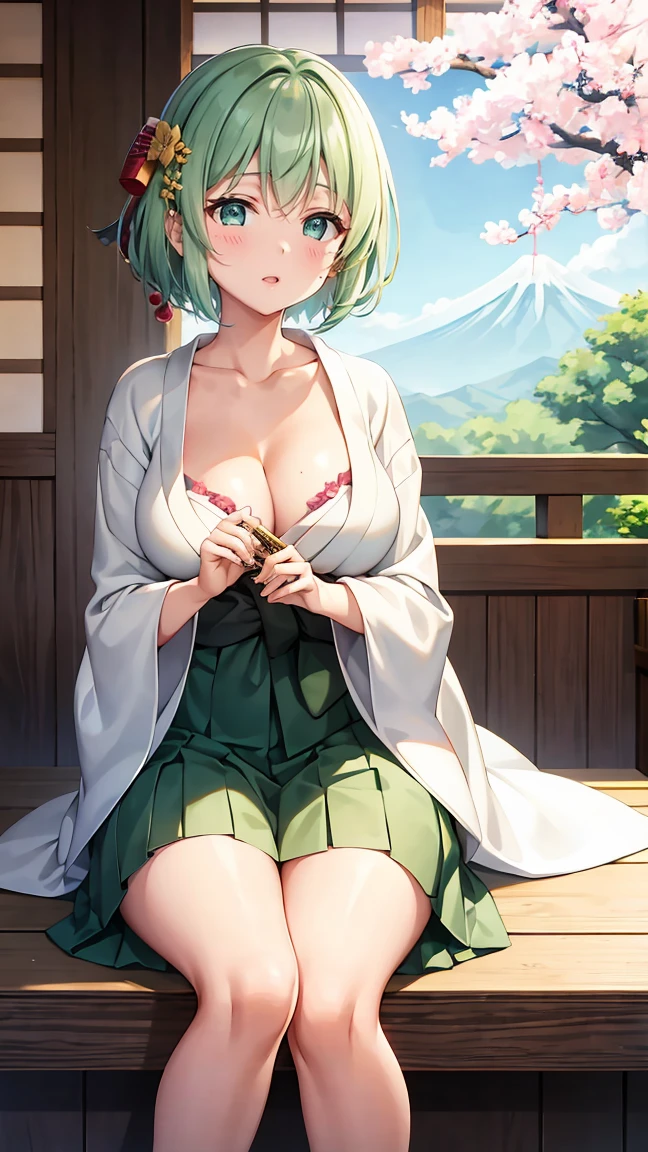 Girl with short green hair, Small breasts, Green Eyes, White Casual Wear Beauty Special、(((tits))),Full body photo from head to toe、Kimono、Patterned Japanese clothing、Cherry tree in full bloom、Fluttering petals、、Graceful Manners、Playing the shamisen、Playing in a Japanese-style room、play a sound、Japanese Instruments、Play a musical instrument
