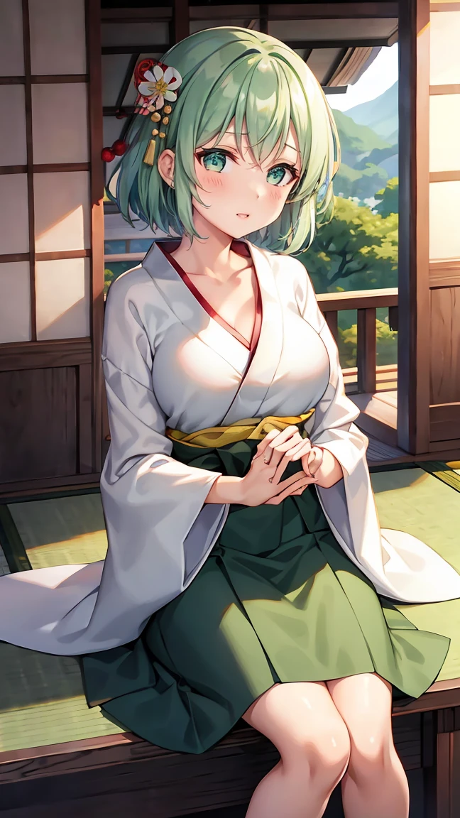 Girl with short green hair, Small breasts, Green Eyes, White Casual Wear Beauty Special、(((tits))),Full body photo from head to toe、Kimono、Patterned Japanese clothing、Cherry tree in full bloom、Fluttering petals、、Graceful Manners、Playing the shamisen、Playing in a Japanese-style room、play a sound、Japanese Instruments、Play a musical instrument