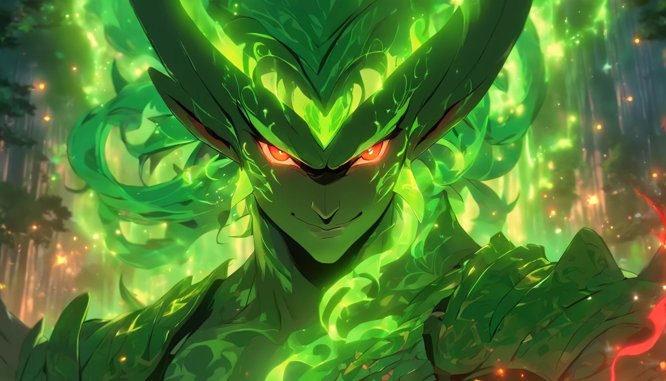 Ancient anime style, artbook, comicbook, RPG, futuristic medieval.  A fairy demon elf wizard, wearing green technological medieval magic armor with glowing magic markings, dynamic pose, full body, human face with glowing green magic tribal tattoos with fancy tones, demon and fairy features, horn with glowing red magic markings, tail of red devil, blooming green fairy wing, matte red magic stone skin with glowing carved marks, glowing eyes, wearing a red technological demon horn magic dagger with glowing magic circuits.  In a magical forest, with magical flourishing vegetation.  Wide scenery, cinematic scene with several layers of depth, dynamics, magical lighting.