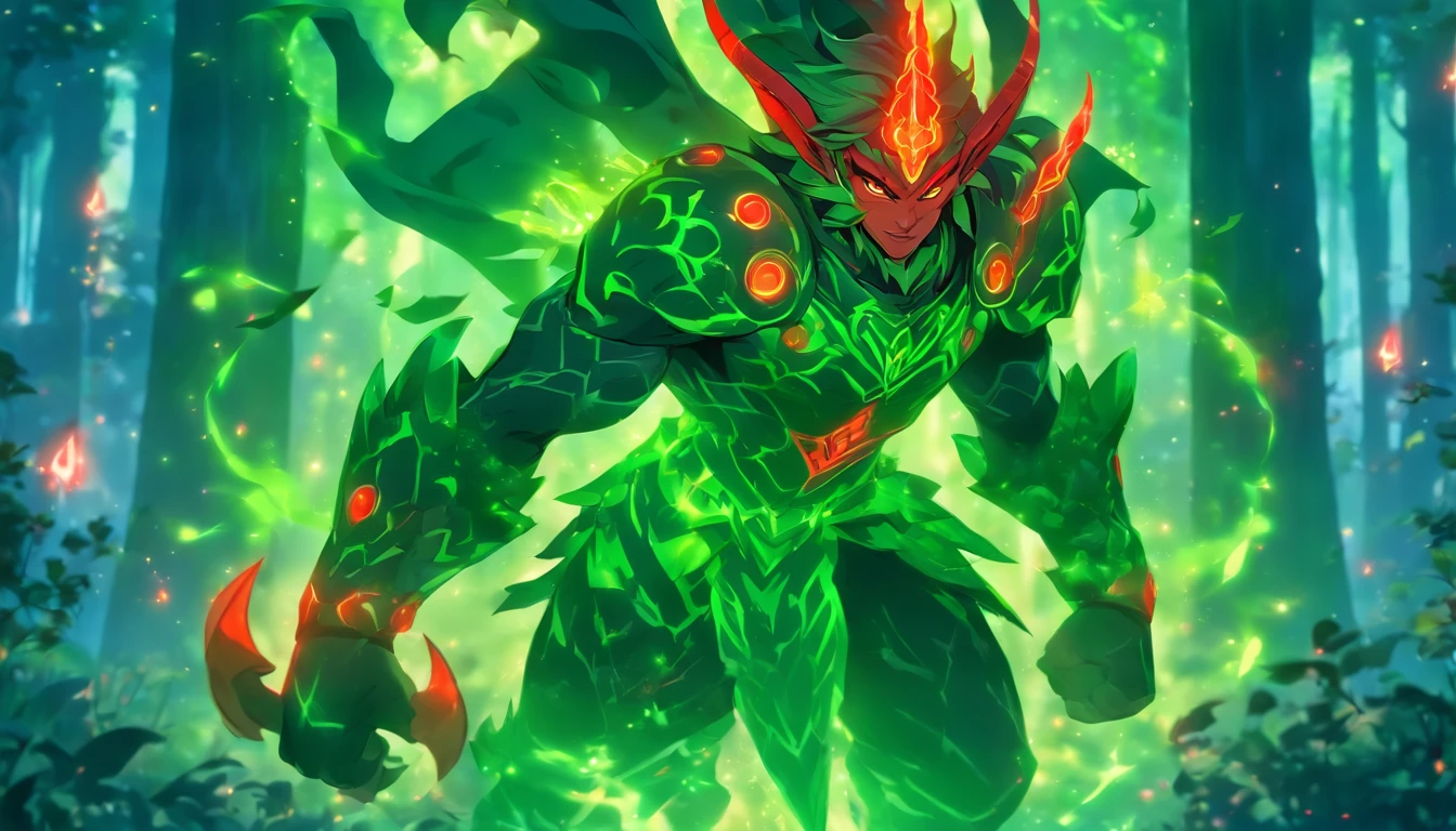 Ancient anime style, artbook, comicbook, RPG, futuristic medieval. A fairy demon elf wizard, wearing green technological medieval magic armor with glowing magic markings, dynamic pose, full body, human face with glowing green magic tribal tattoos with fancy tones, demon and fairy features, horn with glowing red magic markings, tail of red devil, blooming green fairy wing, matte red magic stone skin with glowing carved marks, glowing eyes, wearing a red technological demon horn magic dagger with glowing magic circuits. In a magical forest, with magical flourishing vegetation. Wide scenery, cinematic scene with several layers of depth, dynamics, magical lighting.