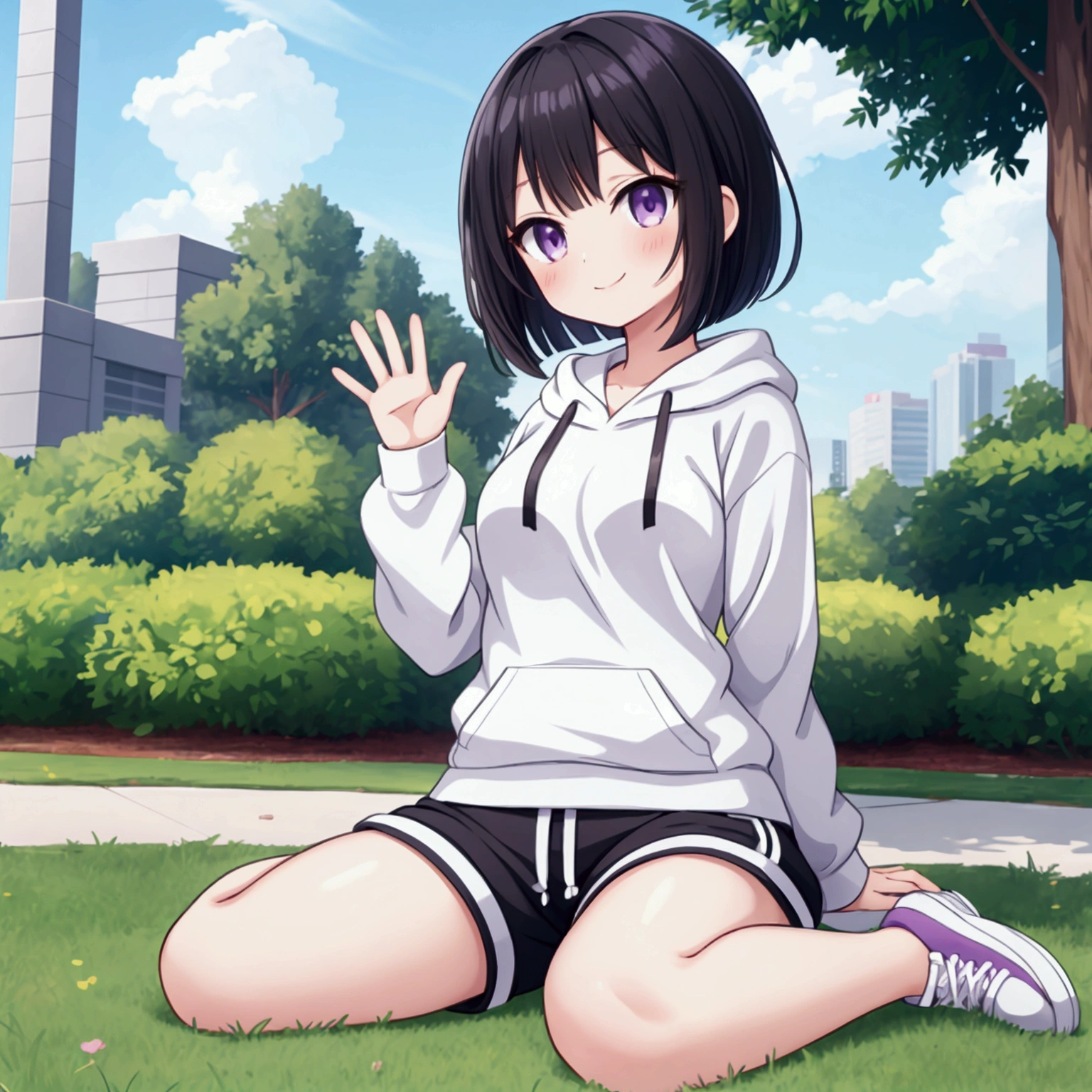 Anime-style image of a girl sitting on the grass in a park, (wariza, sitting), purple eyes, Girl with short black hair, wavy bob hair, Cute girl anime visuals, cheerful smile, look at me, Anime Moe Art Style, Smooth anime CG art, Anime Style 4k, White hoodie、black short pants, slender body, waving hand near her face, beautiful thighs, gray sneakers