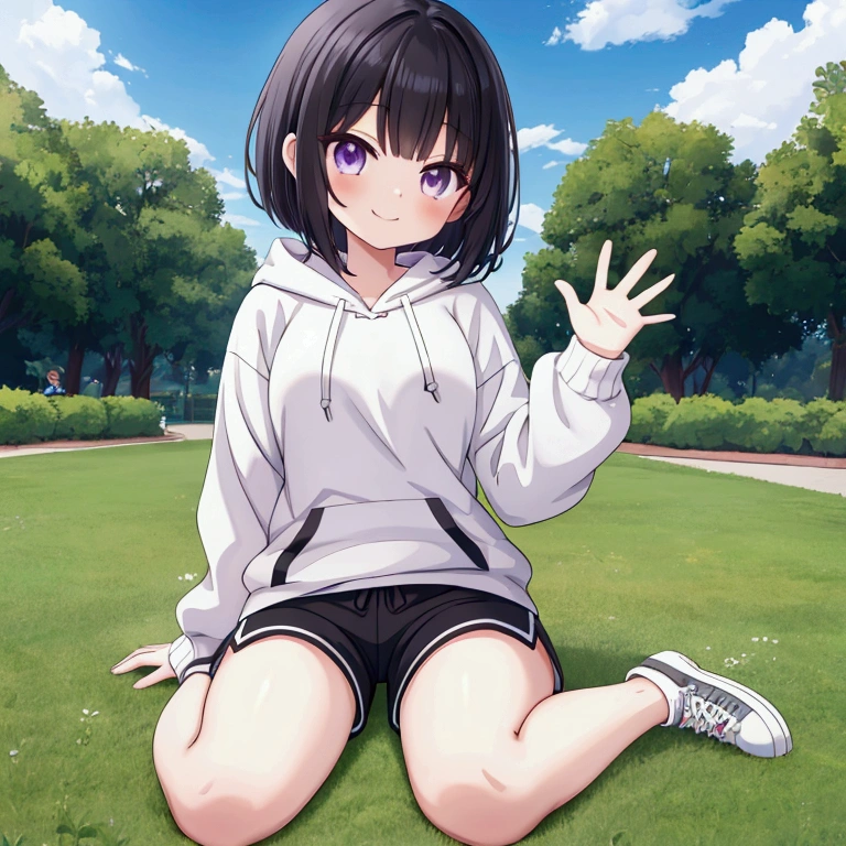 Anime-style image of a girl sitting on the grass in a park, (wariza, sitting), purple eyes, Girl with short black hair, wavy bob hair, Cute girl anime visuals, cheerful smile, look at me, Anime Moe Art Style, Smooth anime CG art, Anime Style 4k, White hoodie、black short pants, slender body, waving hand near her face, beautiful thighs, gray sneakers