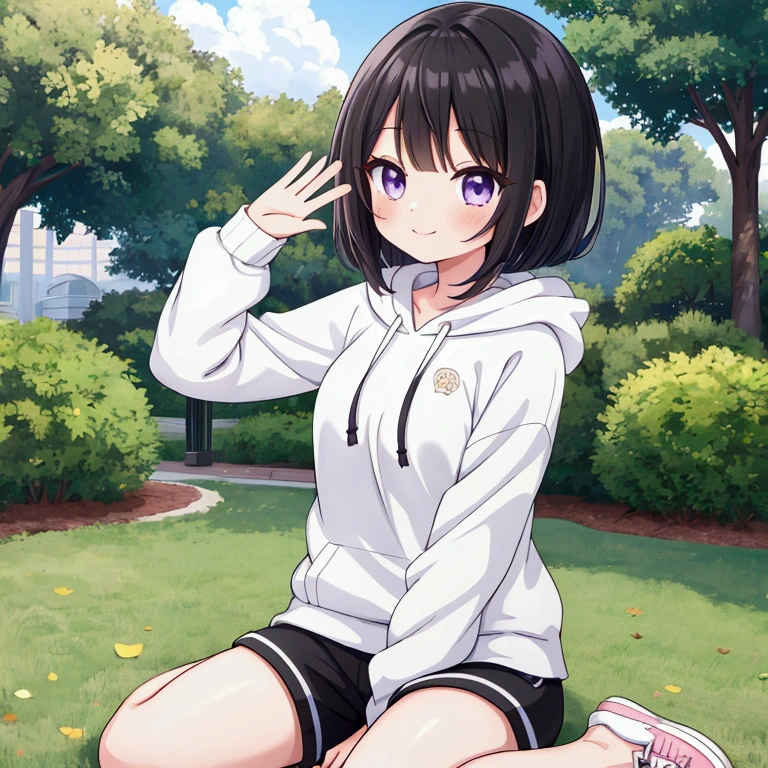 Anime-style image of a girl sitting on the grass in a park, (wariza, sitting), purple eyes, Girl with short black hair, wavy bob hair, Cute girl anime visuals, cheerful smile, look at me, Anime Moe Art Style, Smooth anime CG art, Anime Style 4k, White hoodie、black short pants, slender body, waving hand near her face, beautiful thighs, gray sneakers