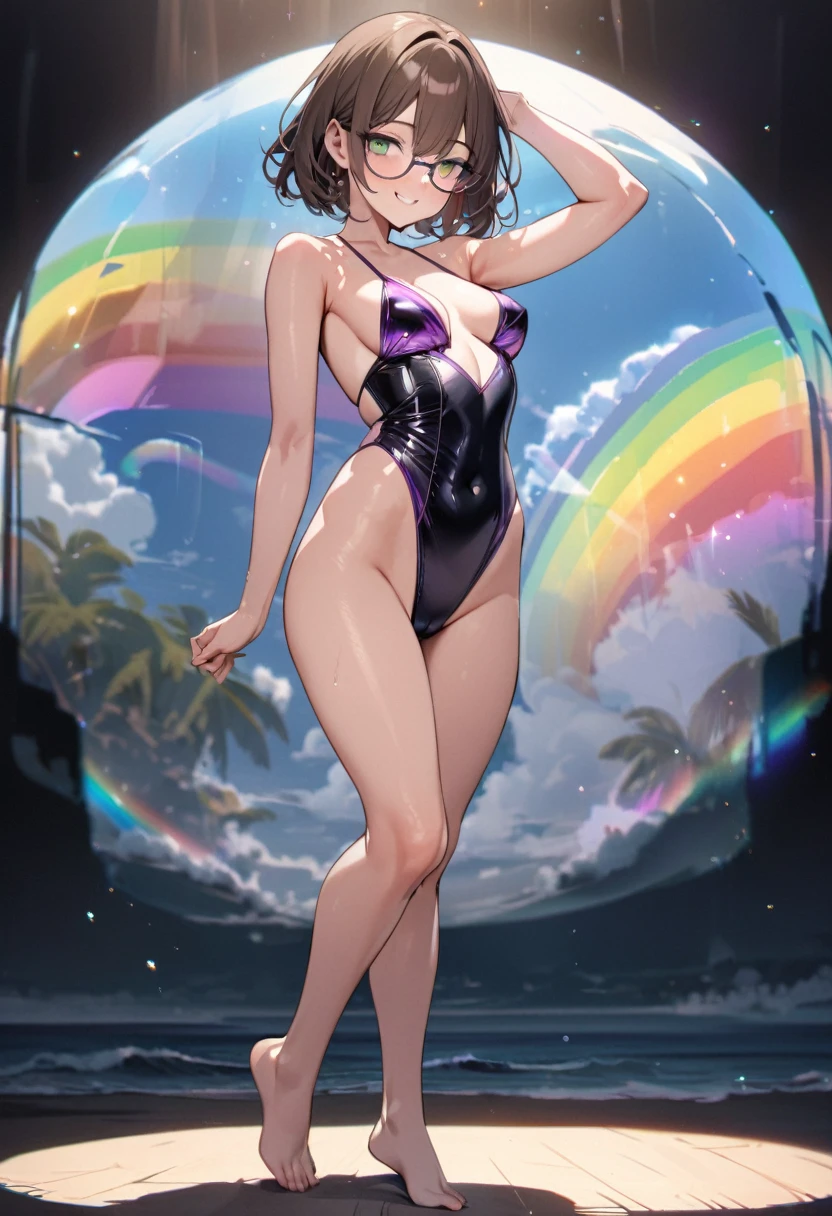 (full body Swimwear style) (beautiful body), (solo:2, 32 yo, bob brown hair short hair cute woman, beautiful green eyes, glasses, happy smile, love mode, medium:1.2 tits), (in a elegant purple detailed leather bikini swimsuit, with Rainbow Pareo, ocean double exposure:1.1), break, in the Swimsuit contest venue, background detailed beautiful Coast, BREAK, perfect anatomy, masterpiece, best quality, 16k, beautiful detailed glow, sexy, daydreaming expression.