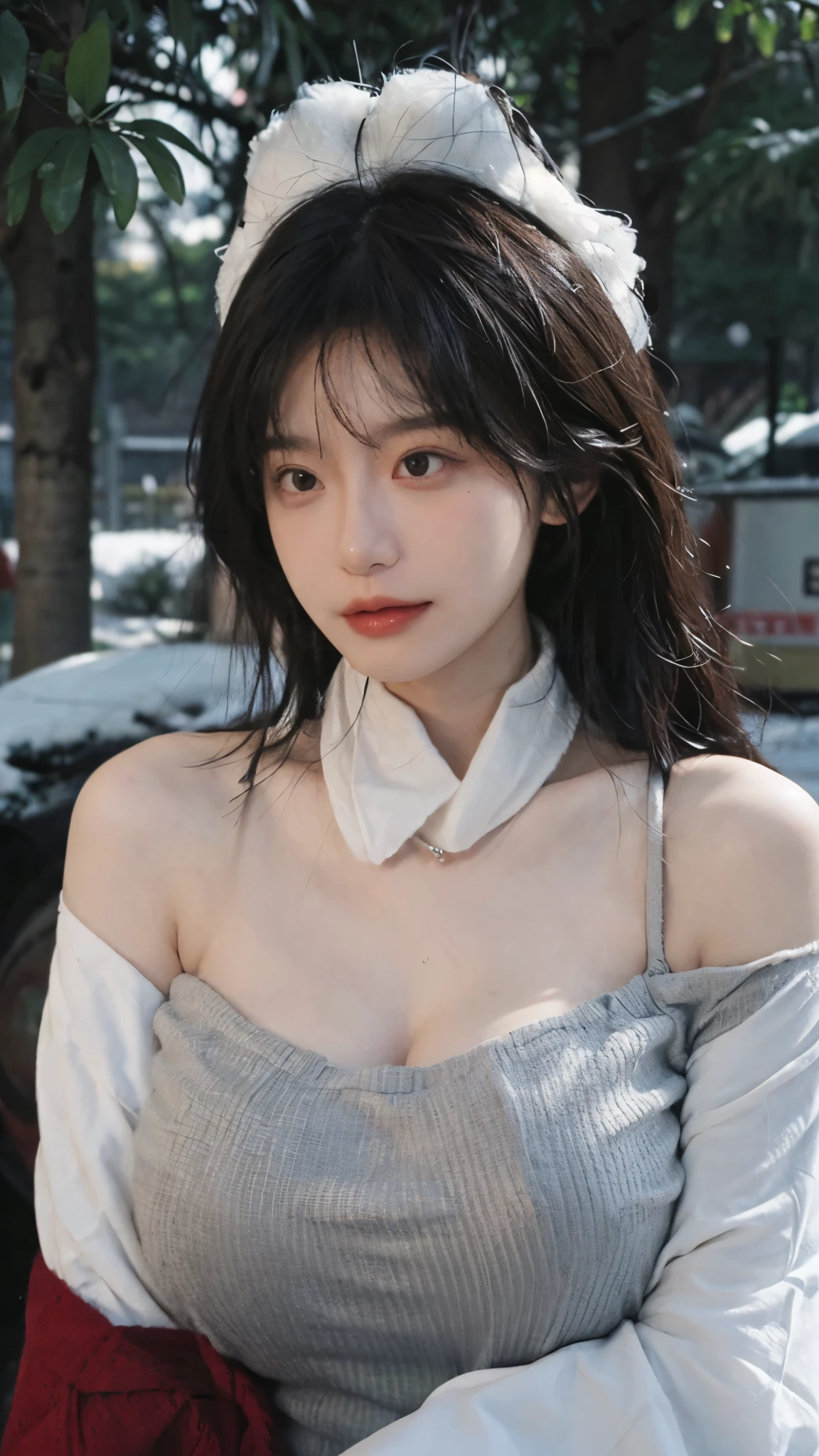 Portrait photography，1 girl，snow，Snow Scene，Heavy makeup，Bare shoulders，Lipstick，(Big breasts:1.4)，Shoulder-Length Wavy Hair，Wear a necklace，scarf，Earring short sleeves，serene，calm，(Realistic and detailed eyes，Natural skin texture，Realistic facial details)，whole body：1.4，