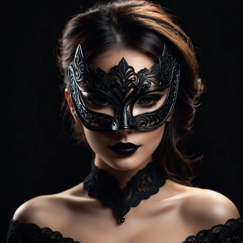 woman with a sensual mask, fashion sexy, black background, 8K, dar atmosphere, masterpiece