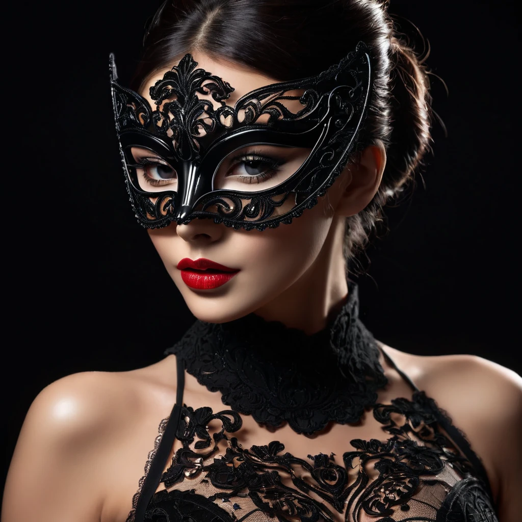 woman with a sensual mask, fashion sexy, black background, 8K, dar atmosphere, masterpiece