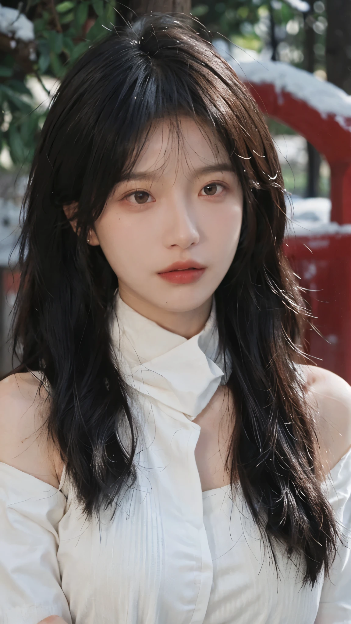 Portrait photography,1 girl,snow,Snow Scene,Heavy makeup,Bare shoulders,Lipstick,(Big breasts:1.4),Shoulder-Length Wavy Hair,Wear a necklace,scarf,Earring short sleeves,serene,calm,(Realistic and detailed eyes,Natural skin texture,Realistic facial details),whole body:1.4,