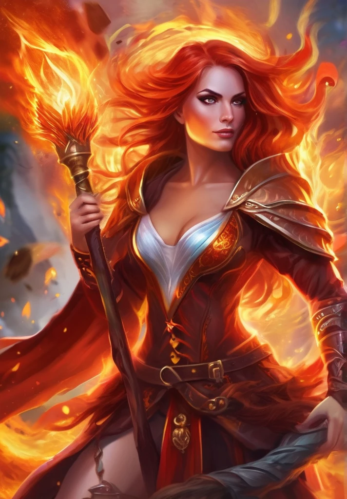 a beautiful and strong fire sorceress with the powers of volcanic might summoning fire and lava around her with fire red long hair wearing leather thigh high boots and leather mini shorts, holding a magic staff and casting fire a fireball spell, while her hair is on fire and has a baby goldendragon on her shoulders and a spellbook on her hip, wearing a feathered cloack around her shoulders. She is the mother of passion and of the primal fire.