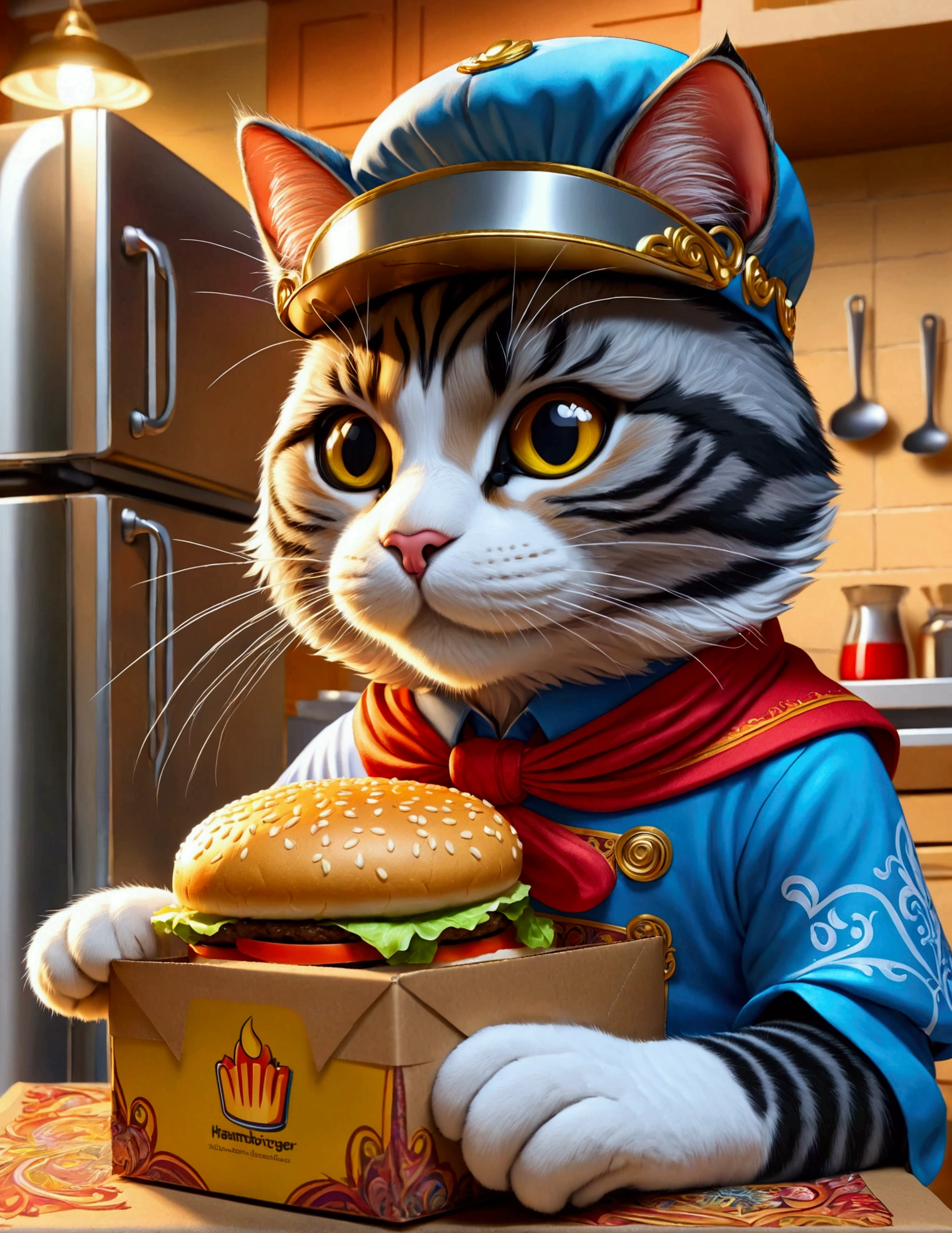 (Close-up of anthropomorphic cat puts hamburger inside ornate cardboard package:1.3) in (dynamic pose:1.0), (stylish branded shirt:1.1), (worker cap:1.2), (colorful apron:1.1), modern kitchen with refrigerator and cooking station, intricate design, bright colors, masterpiece in maximum 16K resolution, best quality, ultra detailed, aesthetics, absurdes.