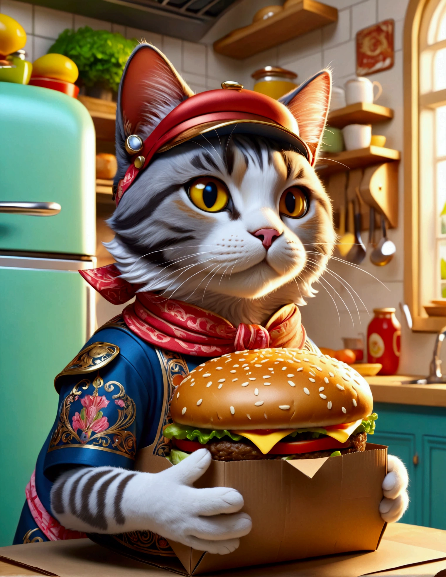 (Close-up of anthropomorphic cat puts hamburger inside ornate cardboard package:1.3) in (dynamic pose:1.0), (stylish branded shirt:1.1), (worker cap:1.2), (colorful apron:1.1), modern kitchen with refrigerator and cooking station, intricate design, bright colors, masterpiece in maximum 16K resolution, best quality, ultra detailed, aesthetics, absurdes.