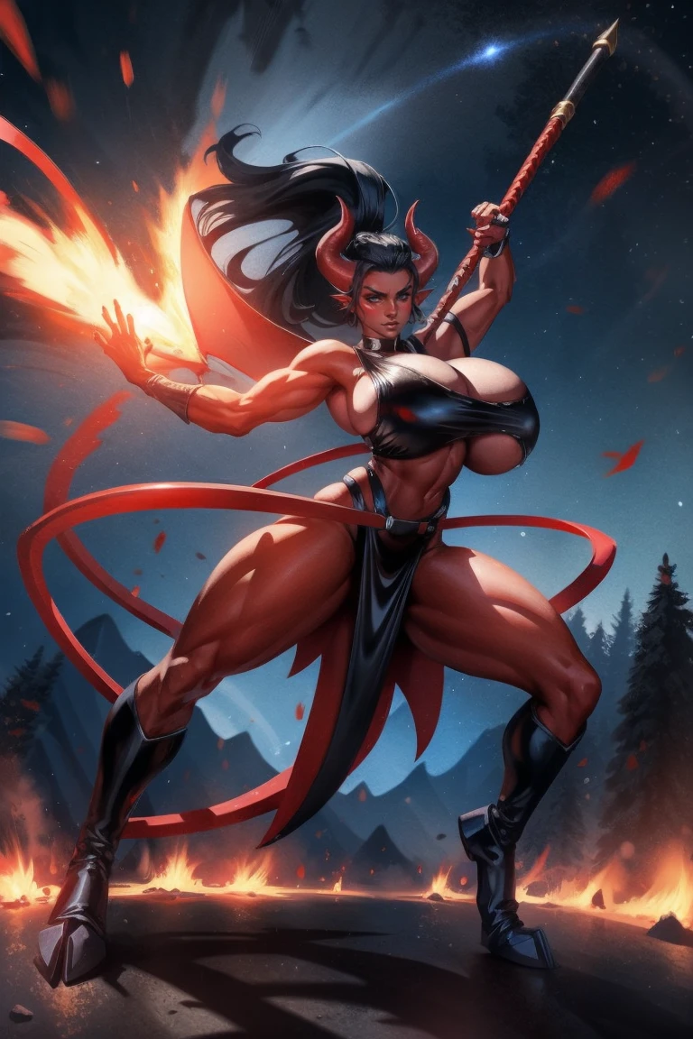 Red skin succubus tiefling, digitigrade legs, full breasts, huge breasts, black horns, wings, huge tail, black leather, crop top, long flowing pelvic curtain, tall, athletic, graceful, thin, long black ponytail. Action scene, whip. Dark scene, explosions, night sky.