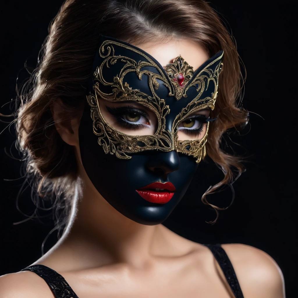 woman with a sensual mask, poison eyes, fashion sexy, black background, 8K