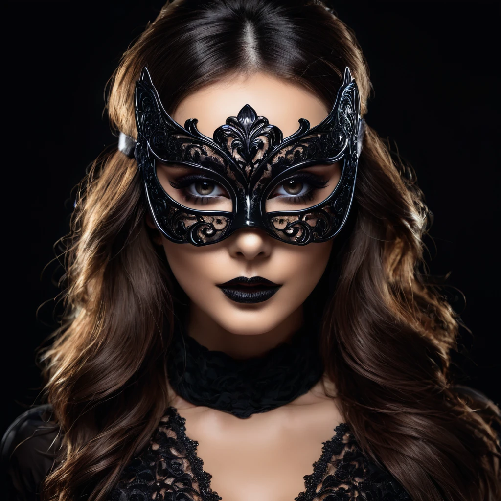 woman with a sensual mask, poison eyes, fashion sexy, black background, 8K