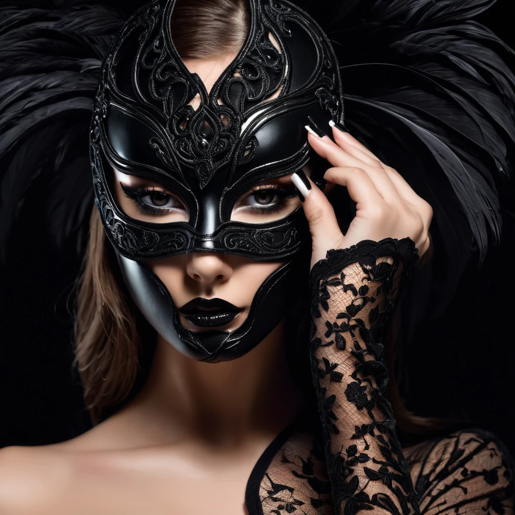 woman with a sensual mask, poison eyes, fashion y, black background, 8K