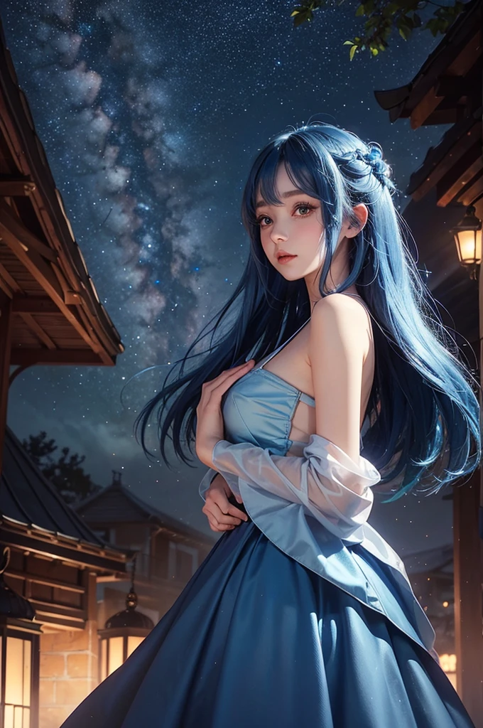 Ultra HD、A beautiful blue-haired character、Cute big eyes、Close camera angle、Red burning cheeks、Night scene with starry sky background、Offer a prayer、Wearing a gorgeous dress、Subtle details、A fantastic atmosphere、Anime style