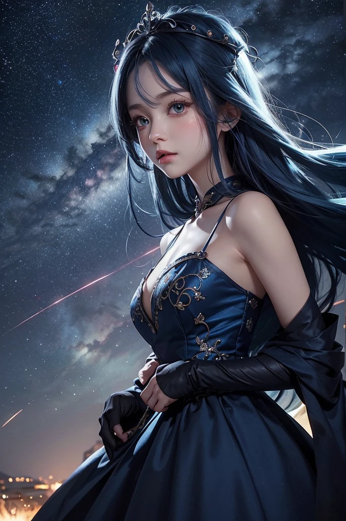 Ultra HD、A beautiful blue-haired character、Cute big eyes、Close camera angle、Red burning cheeks、Night scene with starry sky background、Offer a prayer、Wearing a gorgeous dress、Subtle details、A fantastic atmosphere、Anime style
