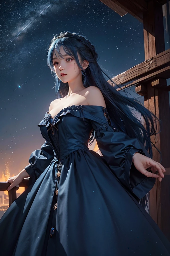 Ultra HD、A beautiful blue-haired character、Cute big eyes、Close camera angle、Red burning cheeks、Night scene with starry sky background、Offer a prayer、Wearing a gorgeous dress、Subtle details、A fantastic atmosphere、Anime style