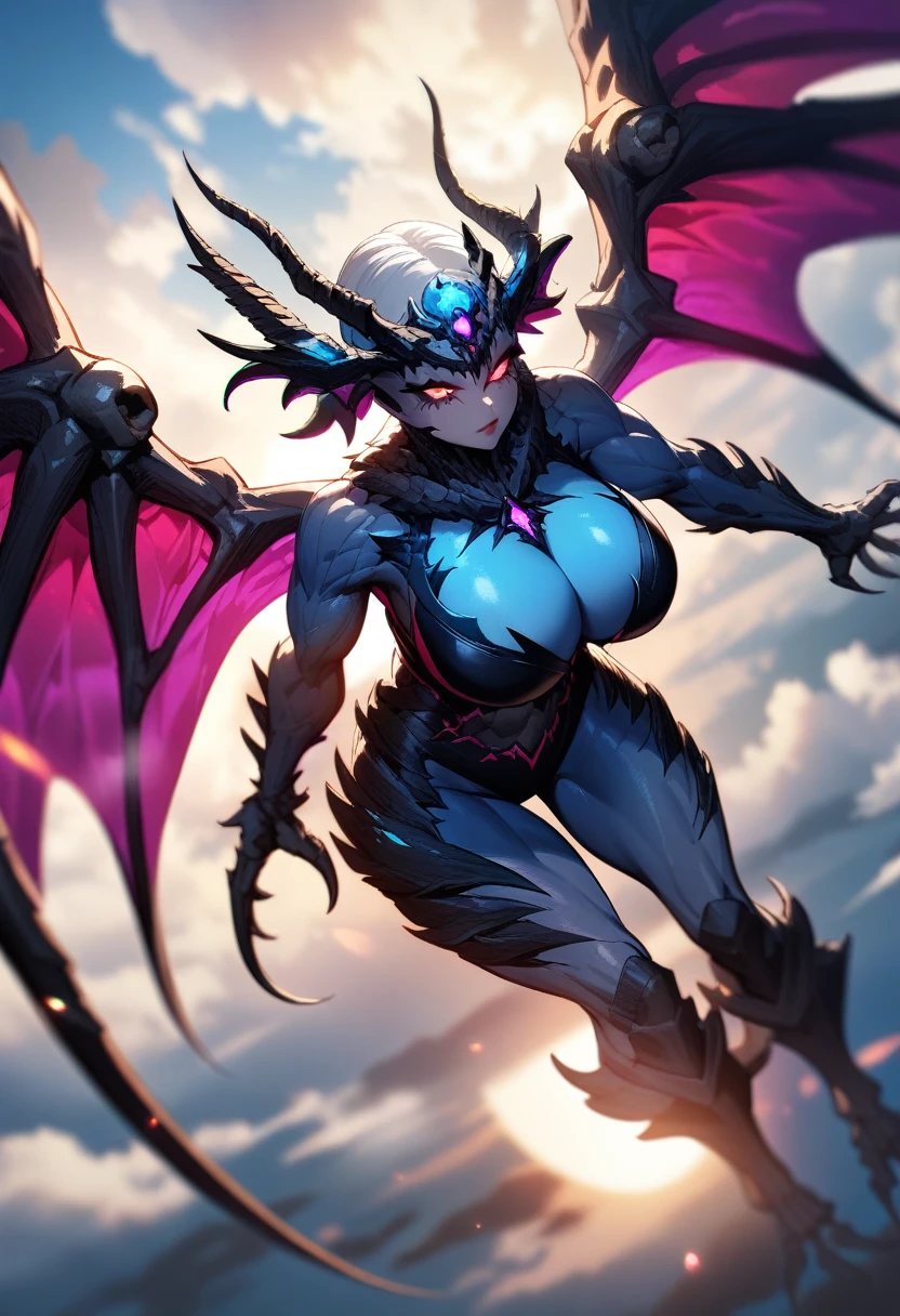 1girl,solo,super detailed skin,shiny skin,expressionless,majestic skull dragon wings,skull skin,skeleton skin,glowing eyes,detailed eyes,eyelashes,lips gloss,claws,large breasts,beautifully shaped breasts,vibrant colors ,flying ,wide shot,cloud focus,masterpiece,best quality,ultra detailed,high resolution,sharp focus,depth of field,