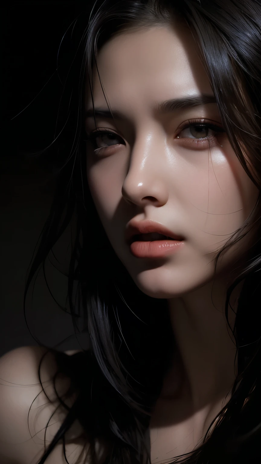masterpiece, Best Quality, Illustration, Ultra-detailed, finely detail, hight resolution, 8K Wallpaper, Perfect dynamic composition, Beautiful detailed eyes , open mouth, Sexy face,Face feeling ecstasy,Face at the peak of sexual arousal, looking at viewer, ((Dark background)), in the style of Mark Demsteader,