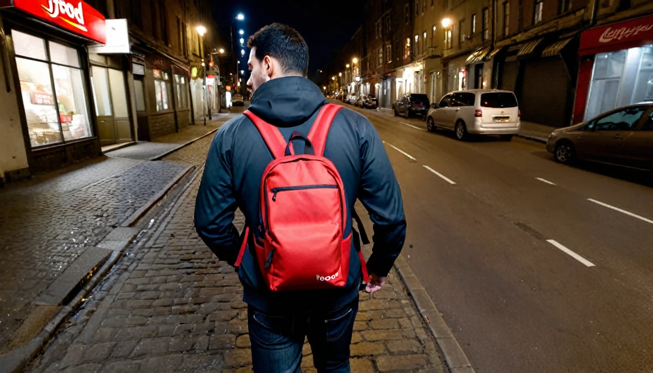 Ifood delivery man, with his back to the camera, night, dark street, right corner of the camera, large backpack on his back, suspenseful atmosphere