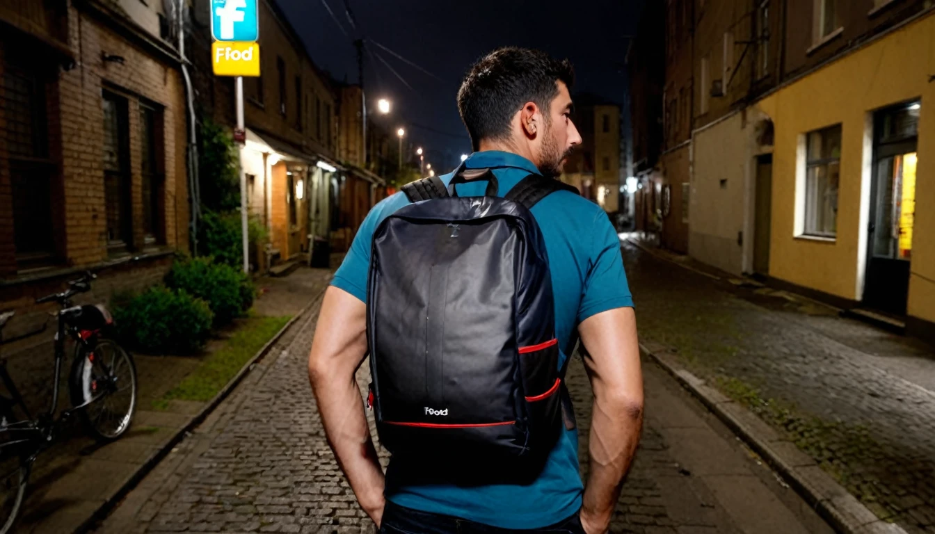 Ifood delivery man, with his back to the camera, night, dark street, right corner of the camera, large backpack on his back, suspenseful atmosphere