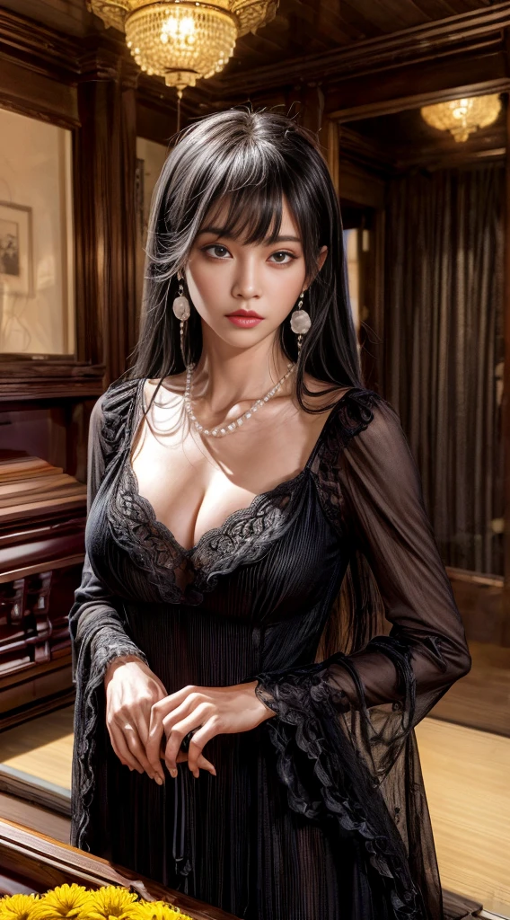 Cowboy Shot、(Hairstyle with bangs)、straggling hair、Black Hair、(Hanging Hair)、((widow))、((mourning dress))、((((Black long sleeve mourning clothes))))、(((Japanese-style room)))、((((Funeral))))、((Big Breasts))、Super tight black formal wear、Highest quality,(RAW Photos:1.2)、(Realistic:1.4),(High resolution:1.4), 1 Girl, Written boundary depth,, Exquisitely crafted,8K, Very detailed, Perfect lighting, Spectacular Background、((Delicate painting)),(女の子の詳細なRAW Photos),(Highest quality:1.6), (超High resolution:1.5), (Realistic:1.75), 8K resolution, Canon EOS R5, 50mm, Very detailedな,Cinema Lighting,Correct finger、sit、Pearl Necklace、Pearl Earrings、(Clothing that covers the chest)、((There is a coffin))、((Minimally revealing clothing))、(The altar is decorated with a bouquet of chrysanthemums.)、candlestick、