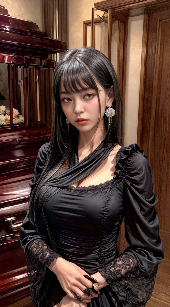Cowboy Shot、(Hairstyle with bangs)、straggling hair、Black Hair、(Hanging Hair)、((widow))、((mourning dress))、((((Black long sleeve mourning clothes))))、(((Japanese-style room)))、((((Funeral))))、((Big Breasts))、Super tight black formal wear、Highest quality,(RAW Photos:1.2)、(Realistic:1.4),(High resolution:1.4), 1 Girl, Written boundary depth,, Exquisitely crafted,8K, Very detailed, Perfect lighting, Spectacular Background、((Delicate painting)),(の詳細なRAW Photos),(Highest quality:1.6), (超High resolution:1.5), (Realistic:1.75), 8K resolution, Canon EOS R5, 50mm, Very detailedな,Cinema Lighting,Correct finger、sit、Pearl Necklace、Pearl Earrings、(Clothing that covers the chest)、((There is a coffin))、((Minimally revealing clothing))、(The altar is decorated with a bouquet of chrysanthemums.)、candlestick、